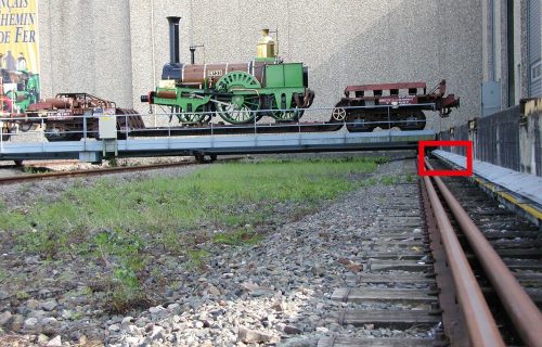 Rails électriques pour l’alimentation d’un transbordeur pour locomotives à vapeur à l’entrée dans un musée des chemins de fer.